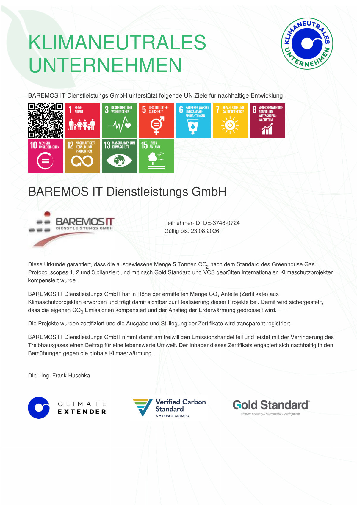 Zertifikat Klimaneutrales Unternehmen – BAREMOS IT Dienstleistungs GmbH (Climate Extender)