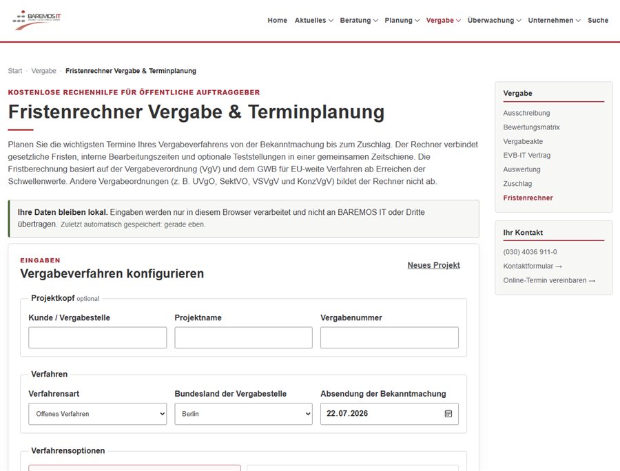 Bildschirmansicht des Fristenrechners Vergabe & Terminplanung