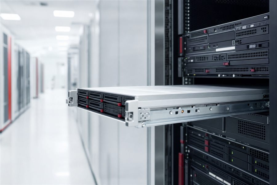 Server-Einschub auf Auszugsschienen in einem modernen Serverraum
